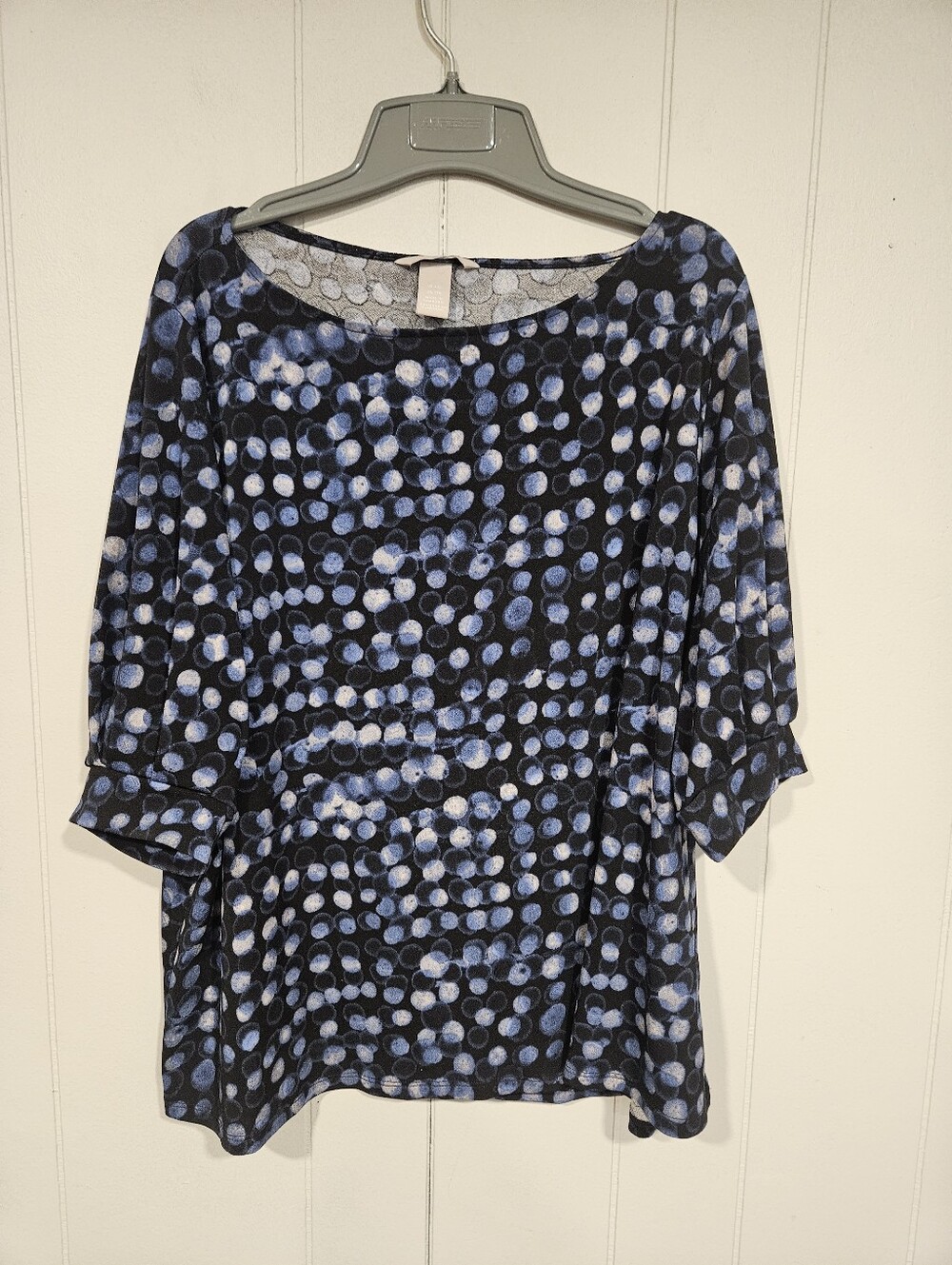 H&M Women’s Size XXL Blue Polka Dots 3/4 Sleeve Blouse Top Round Neck Career EUC